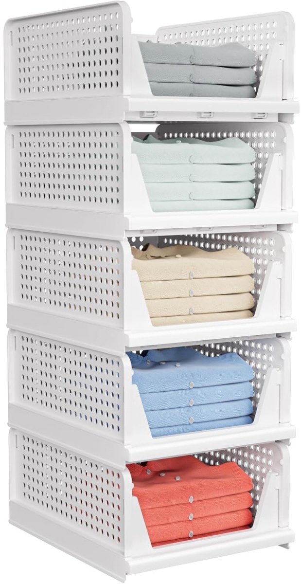 GELLDG Stapelbare Kledingkast opbergrek - Set van 5 - Multifunctionele opvouwbare opbergdoos - Speelgoed opbergrek - Geschikt voor badkamer en keuken - Ruimtebesparend - Wit