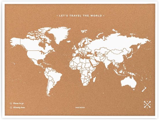 World map English on cork bulletin board with 100 pin needles 90x60cm