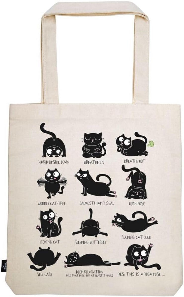 Katoenen Shopper Tas met Grappige Kat Yoga Opdruk - Ideaal voor Boodschappen en Studio