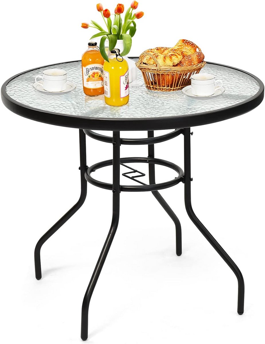 Ronde Tuintafel Ø 80 cm met Parasolgat - Bistrotafel Gehard Glas & Metalen Frame voor Balkon en Terras