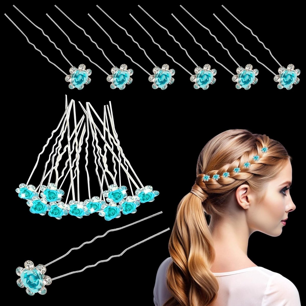 40x Sprankelende Kristallen Roos Haarspeldjes Blauw Bruiloft & Feest Haaraccessoires