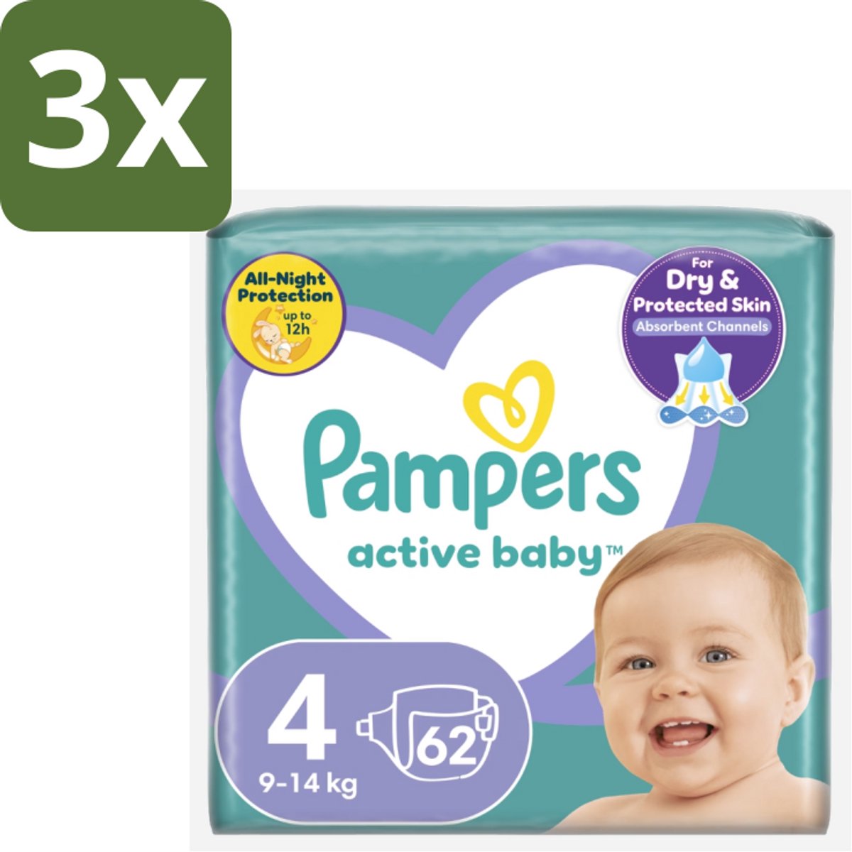 3 x Pampers – Luiers – Active Baby Maat 4 (9-14 kg) – 62 Luiers - Luiers Voor Baby - Droge Luiers - Superabsorberende Luiers - Anti-lek Luiers - Zachte Luiers