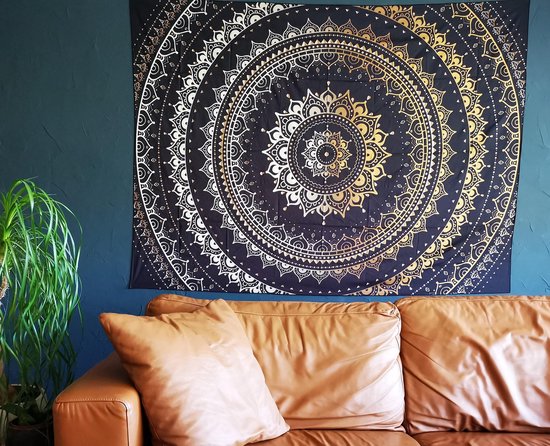 Wandkleed – Wanddecoratie – Mandala Kleed – 200x150 CM – Donkerblauw-Zwart  met Goud –... | bol.com