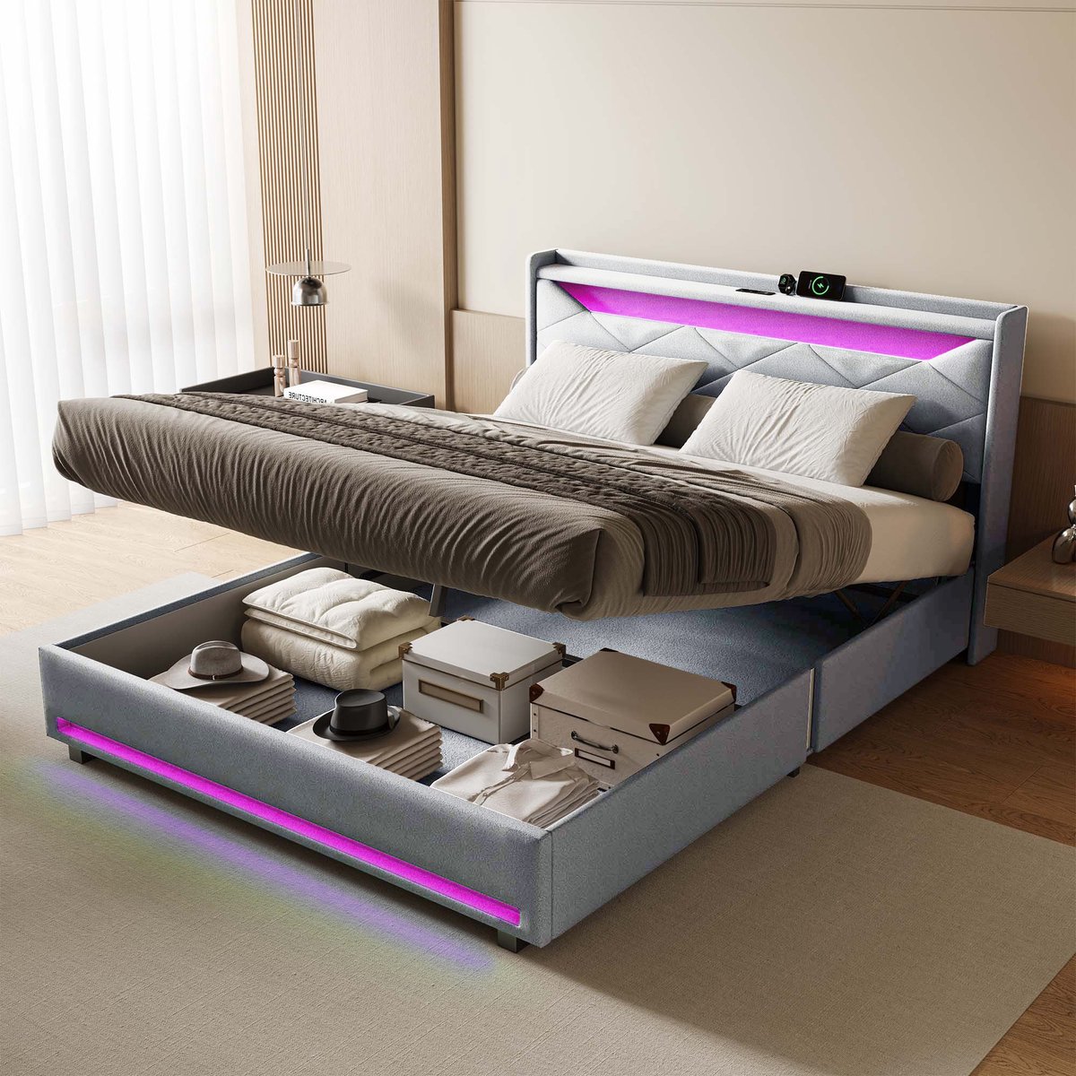 Modern gestoffeerd tweepersoonsbed 140x200cm, hydraulisch functioneel bedframe met ledverlichting, opberghoofdeinde, Type-C en USB-oplaadstation, houten lattenbodem, fluweel, grijs (splitsen voor 2 pakketten voor verzending)