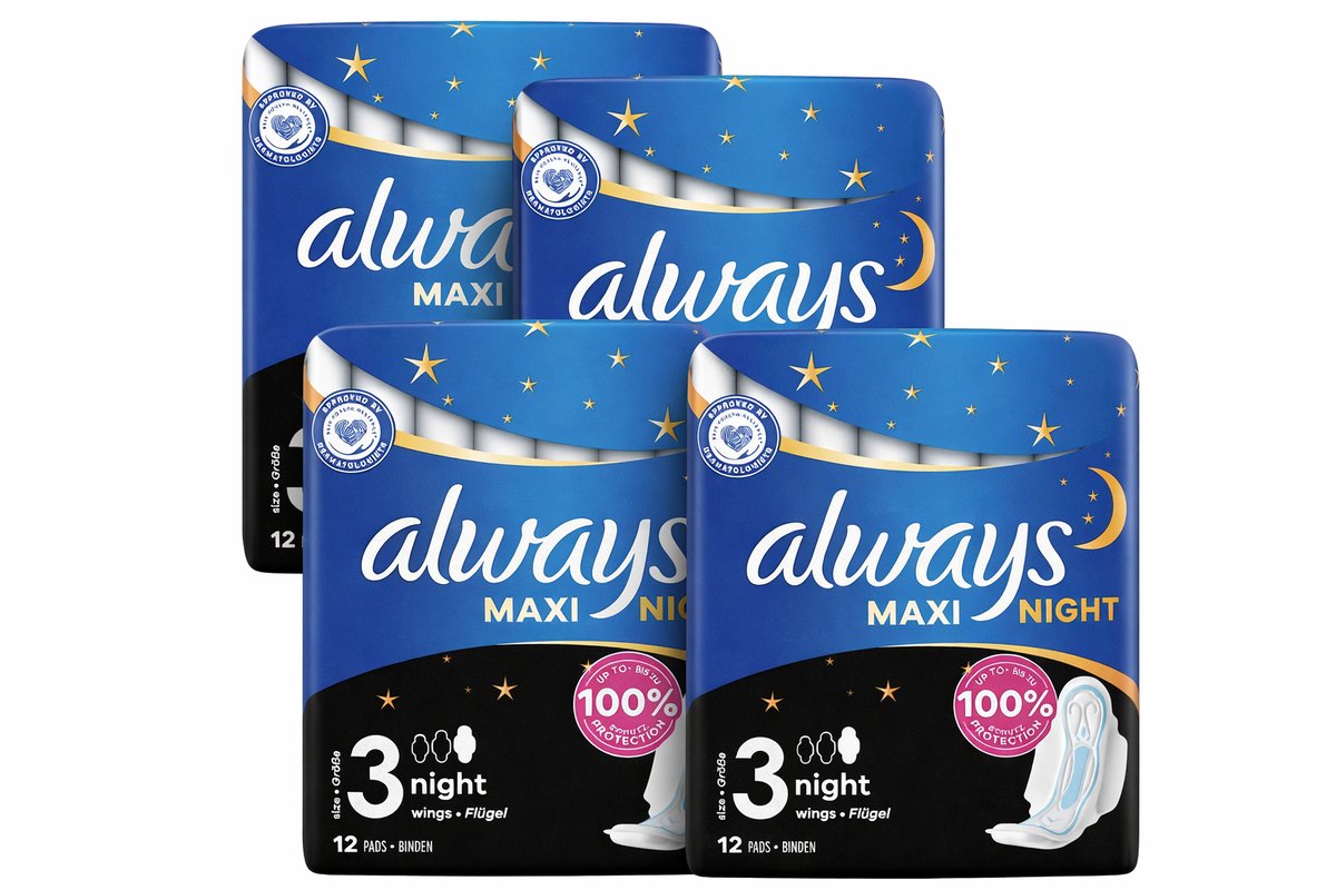 Always 4-pack Maxi Night Met Vleugels – Voordeelverpakking – 48 stuks