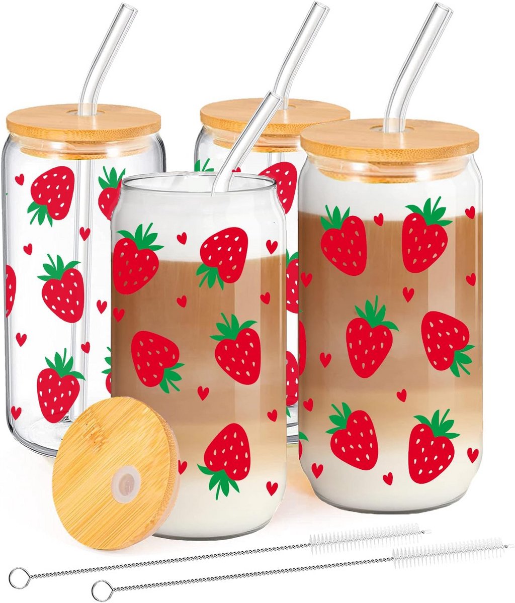 Set van 4 Drinkglazen met Rietje en Deksel, 500ml - Esthetische Beveragestaven