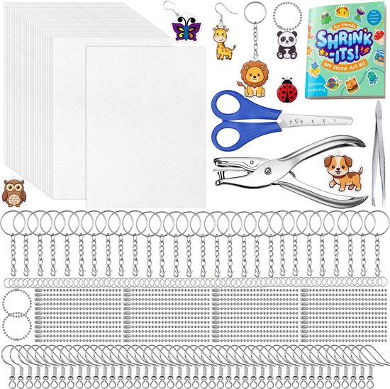 Ensemble de plastique fou avec feuilles vierges, ciseaux, pinces, perforatrice, crochets d'oreilles, anneaux de porte-clés, chaînes à billes et anneaux de pliage avec des figurines d'animaux.