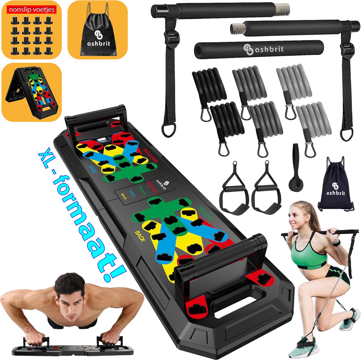 Ashbrit® VOORDEEL BUNDEL - Push-Up Board XL PRO & Pilates Bar Weerstandsbanden Set – Opdruksteun - Complete Full-Body Fitness Trainingsset – ABS Opdrukbord – Weerstandstubes – Inclusief Draagtas