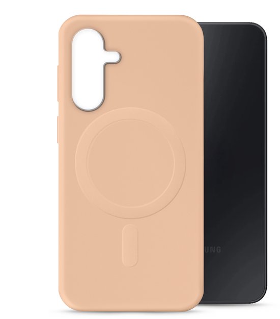 Coque rose poudré avec anneau MagSafe et découpe ouverte pour appareil photo, à côté d'un téléphone Samsung noir.