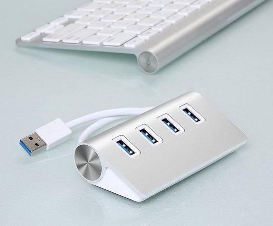 Supersnelle 4 Poorts USB 3.0 Hub / Switch / Splitter / Verdeler - Compatibel Met / Geschikt Voor Windows PC Laptop & Apple Mac - Aluminium Look