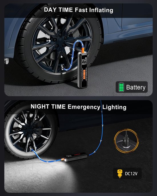 Elektrische Fietspomp - Draagbare bandenpomp - Draadloze bandenpomp - Krachtige en snelle inflatie - Met led verlichting - Realtime bandenspanning - Voor auto fiets motor en sportballen — afbeelding 4