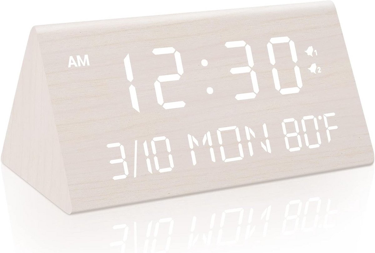 Digitale Wekker van Hout met Dimmer, Temperatuur en Dubbel Alarm