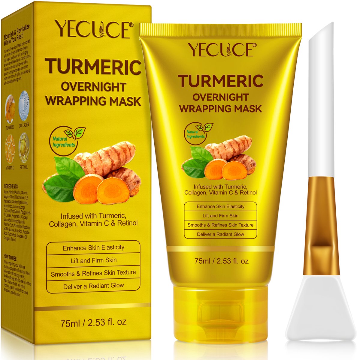 Koreaanse Yecuce, Turmeric Overnight Wrapping Mask Peel-Off Nachtmasker, Hydraterend & Verzorgend, 75 ml