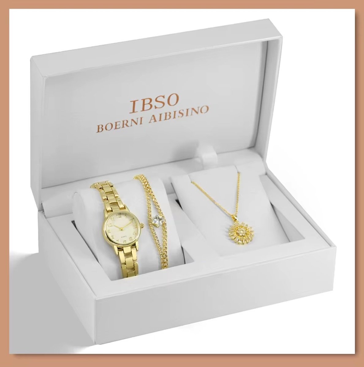 Boerni Aibisino Luxe Horloge Giftset met armband en ketting - Stralende Elegantie in Goudkleur voor Dames