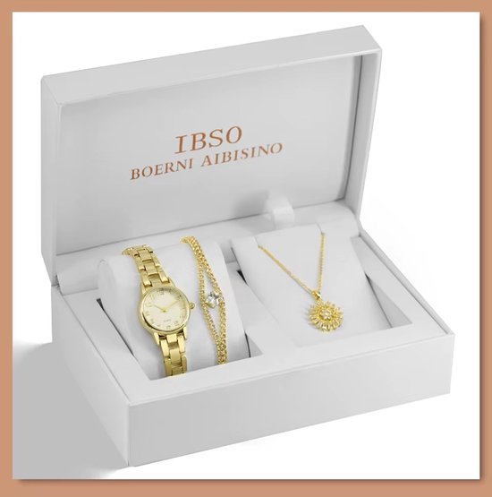 Gouden IbsO Boerni Aibisino geschenkdoos met horloge, armband en zonnebloemketting.