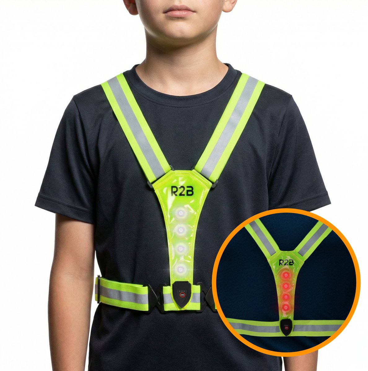 R2B Hardloopvest met Verlichting Voor Kinderen - Maat 110 t/m 176 - USB-C Oplaadbaar - Wandel & Hardloop Verlichting - Reflecterend Running Vest - Hardloopvest Oplaadbaar - Loopvest Kinderen - Neongeel