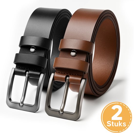 Set de Riem classiques VOLQU® – 2 Ceintures Premium pour homme en Cuir véritable – Zwart et marron foncé – 100 cm – Style intemporel | Cadeau de Luxe pour homme