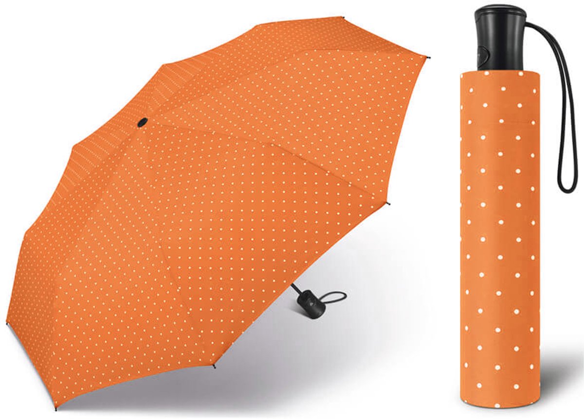 Happy Rain Automatische Damesparaplu - Oranje Polka Dot - Compact