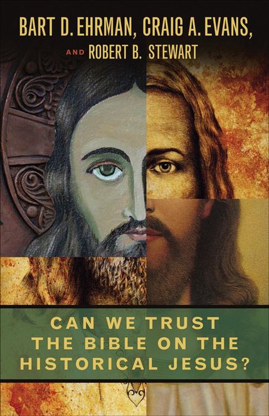 Boekomslag met de titel 'Can We Trust the Bible on the Historical Jesus?' en vier afbeeldingen van het gezicht van Jezus.