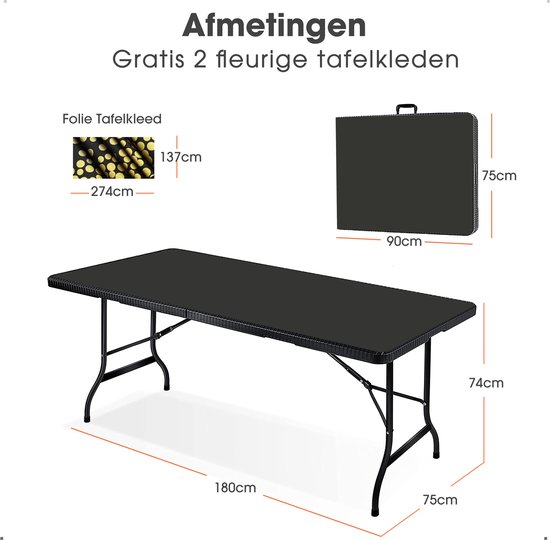 Zwarte inklapbare tafel van 180x75x74cm, met afmetingen en informatie over gratis tafelkleden.
