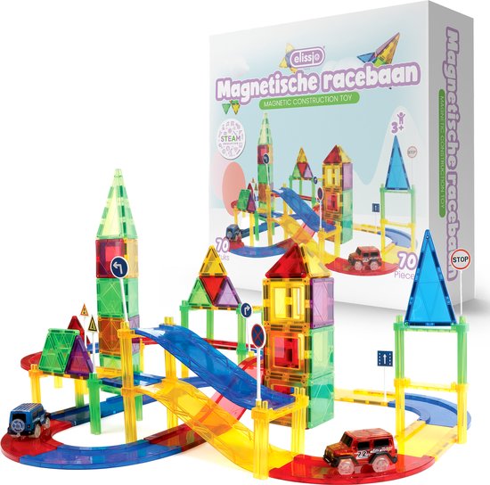 Elissio® Magnetische Racebaan – 70 Stuks Magnetic Tiles – STEM & Montessori Speelgoed – Zelfrijdende Auto – Educatief Bouwspeelgoed voor Kinderen 3-12 Jaar - Speelgoed Cadeau