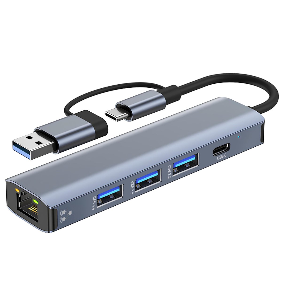 Ynkkvre -Multifunctionele USB-C Hub – Gigabit Ethernet + 3 USB 3.0 Poorten voor Laptops, Tablets en Smartphones