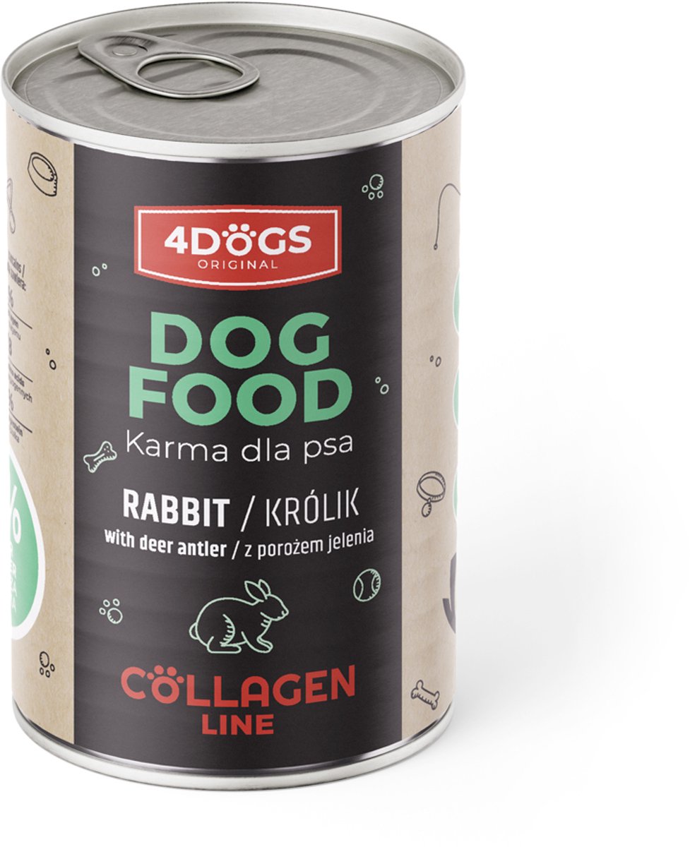 4DOGS – Collagen Line voeding – Met gewei en konijn – 400 g – Ondersteunend – Natuurlijk