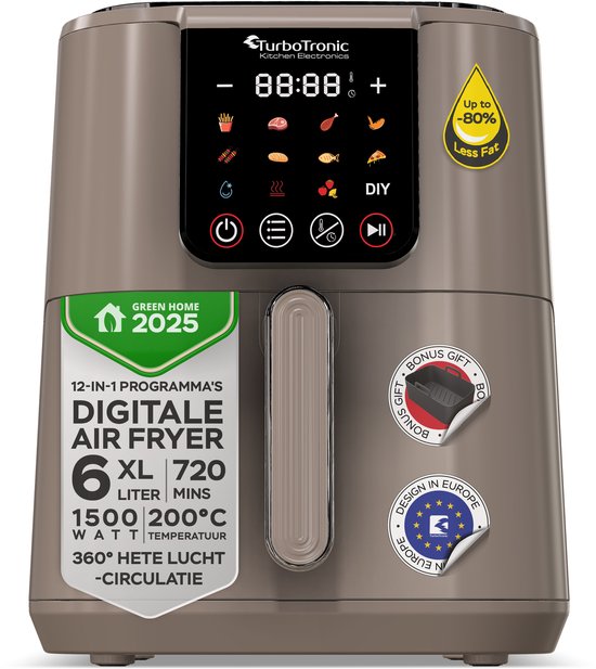 TurboTronic AirChef Pro Airfryer 6L XL Heteluchtfriteuse 1500W 12 Programma’s 50-200°C Digital