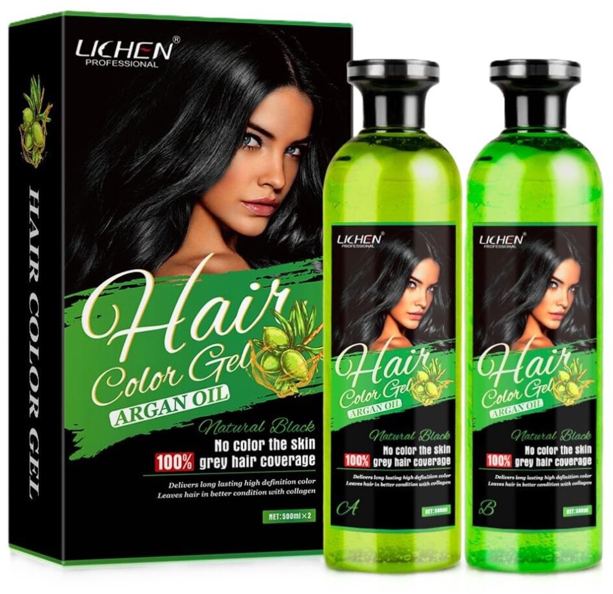 LICHEN Argan Oil Hair Color Gel - Natural Black - For Men & Women - Haarverf - NO AMMONIA - NO COLOR THE SKIN - 100% GREY HAIR COVERAGE