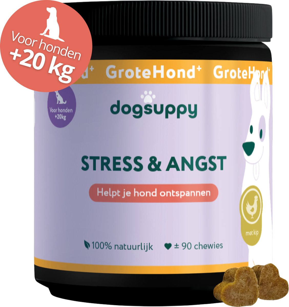 GroteHond⁺ Stress & Angst - Met kip - 100% Natuurlijk - 90 heerlijke snoepjes - Kalmerend & Stressverlagend - Kalmeringsmiddel Honden - bij Overmatig blaffen, Trillen, Onrust & Vuurwerkangst - Hennepzaadolie & L-Tryptofaan - Voor Grote Honden +20kg