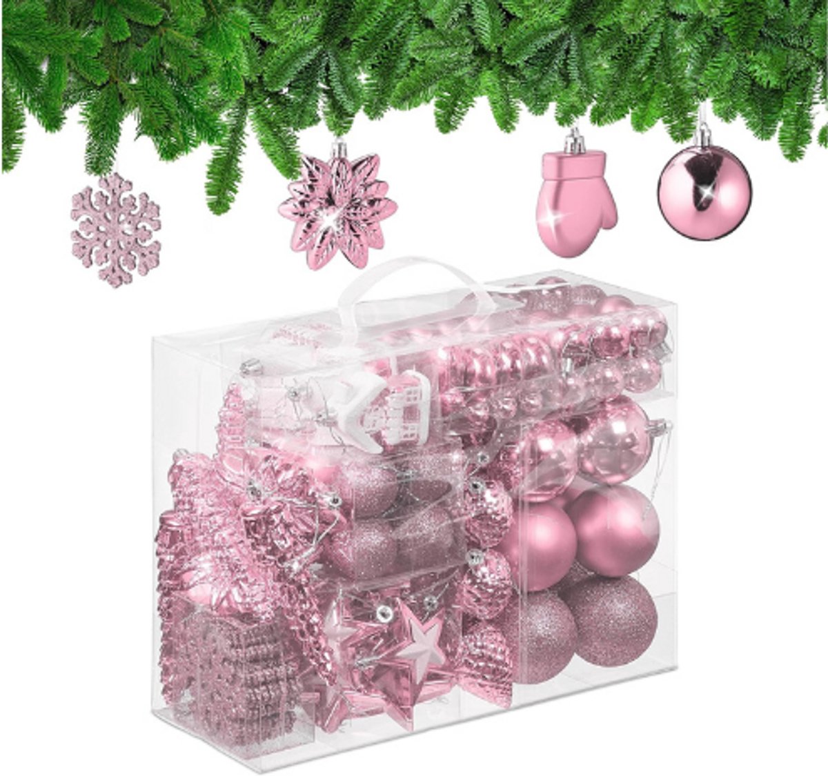 Roze kerstballen set van 100 stuks in verschillende designs: glitter, glanzend en mat. Luxe kunststof ornamenten voor feestdagen.