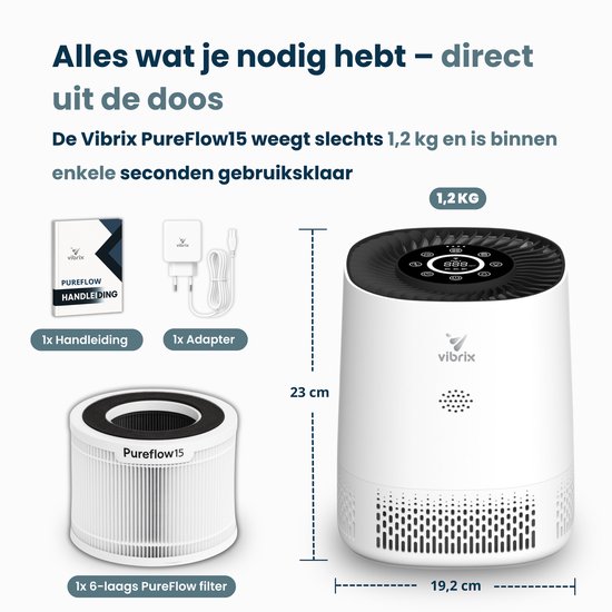 Vibrix PureFlow15 Luchtreiniger / Air Purifier – HEPA H13 + koolstoffilter – 100 m³/u – Voor kamers tot 15 m² – Ionisator – App-bediening – Zeer stil met slaapstand – Luchtkwaliteitindicator