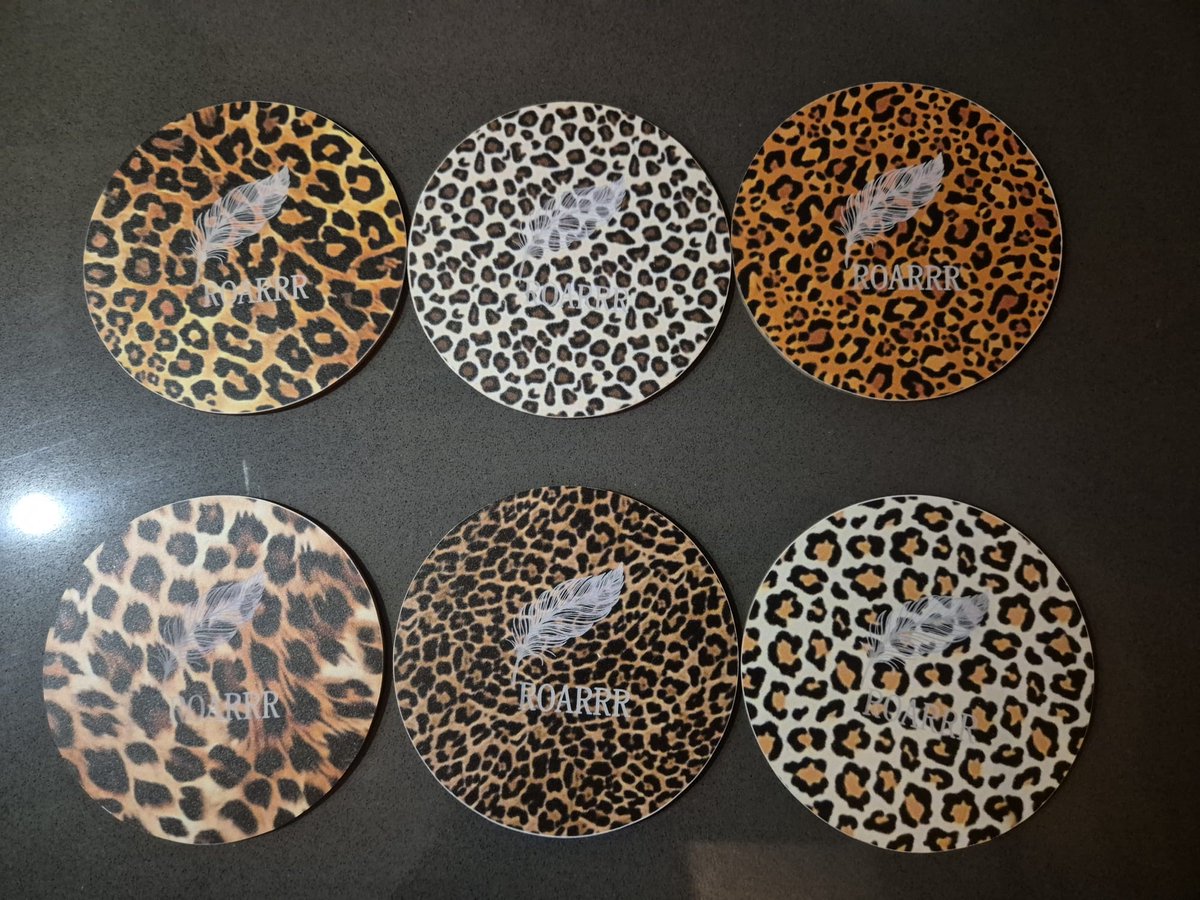 Eviva Home Deco Luxe Onderzetters Set van 6 - Luipaardprint Zwart/Goud - Met 'ROARRR!' Opdruk