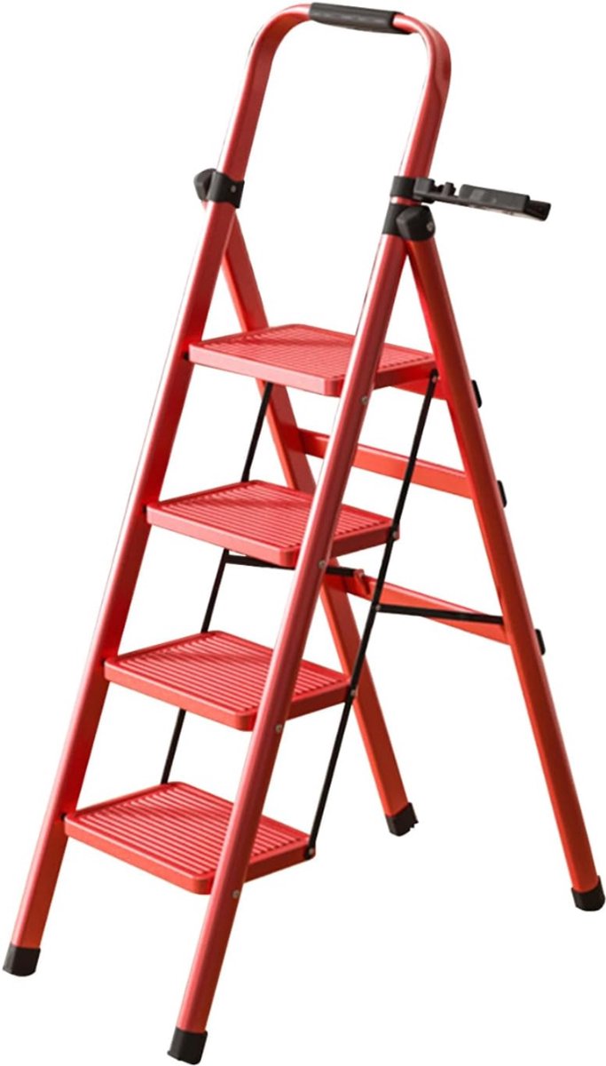 White-Label® Huishoudtrap 4 Treden - Keukentrap Inklapbaar - Opstapje - Rood