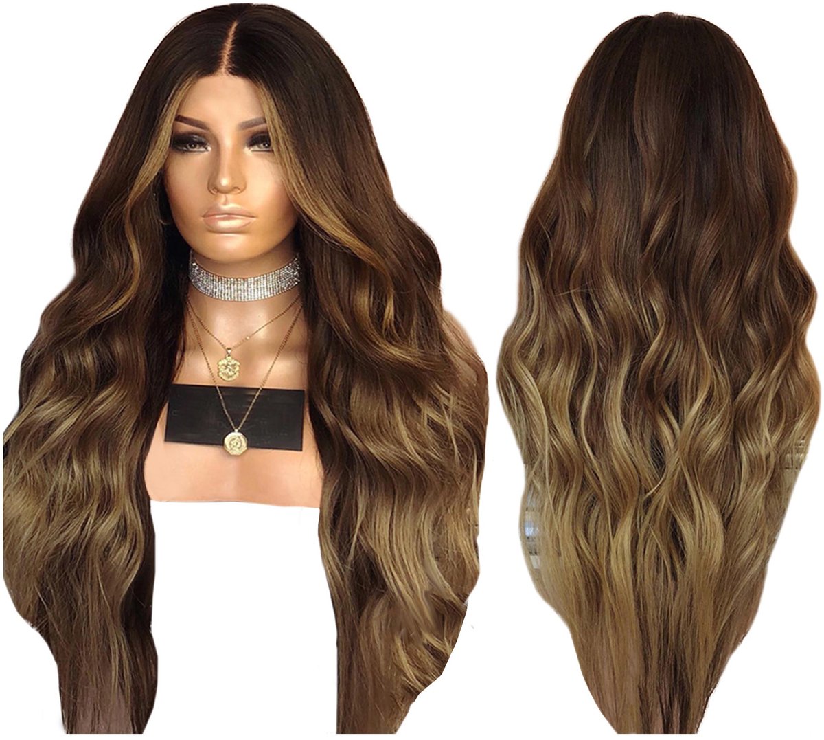 Lange Bruine Pruik met Blonde Highlights - Floor en Curly End