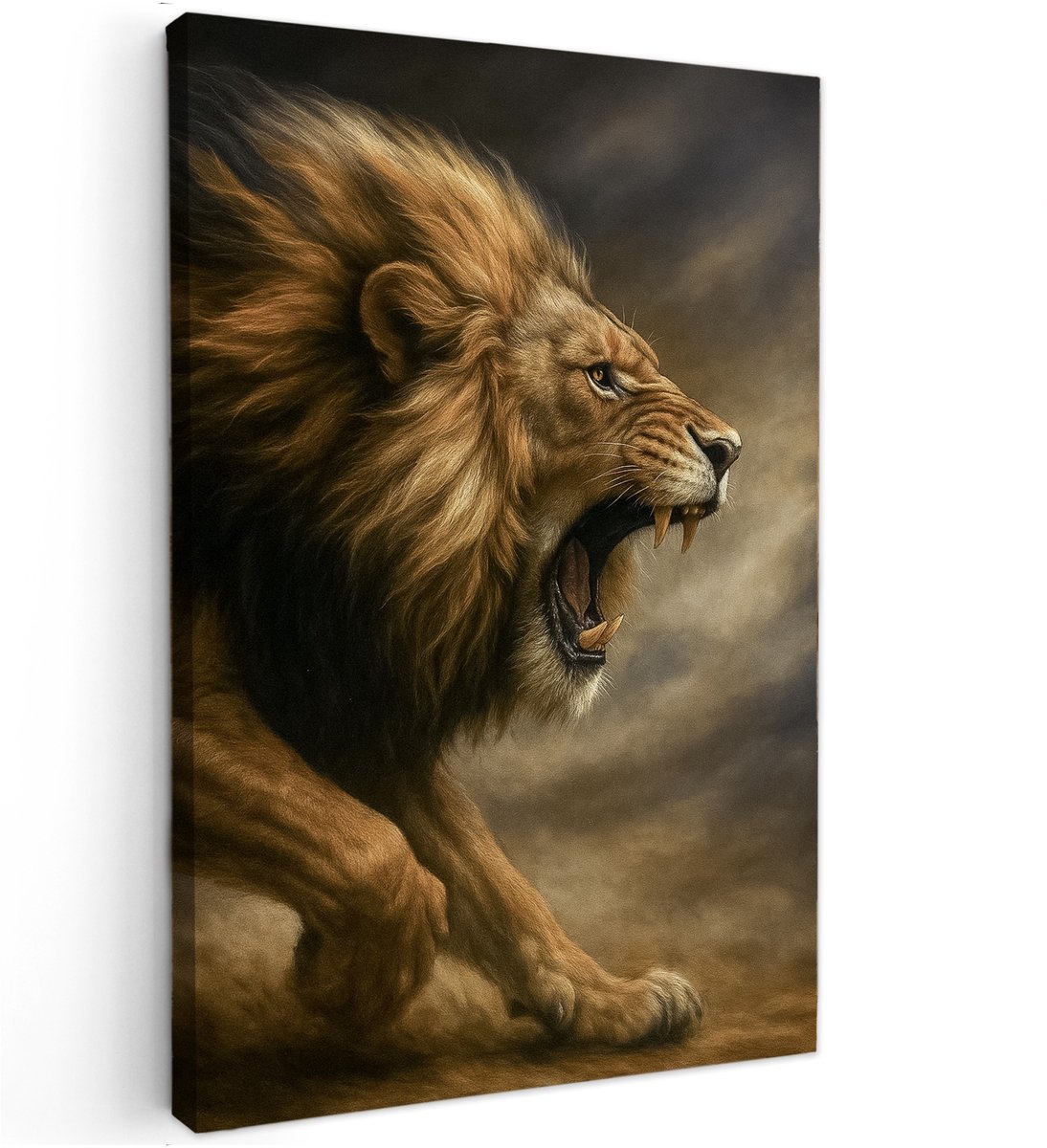 online schilderij Canvas Schilderij - De Leeuw Ontwaakt - 120x80 cm - Abstracte kunst - Huis decoratie woonkamer - dieren muur schilderijen - Wanddecoratie accessoires - Kamer interieur bruin