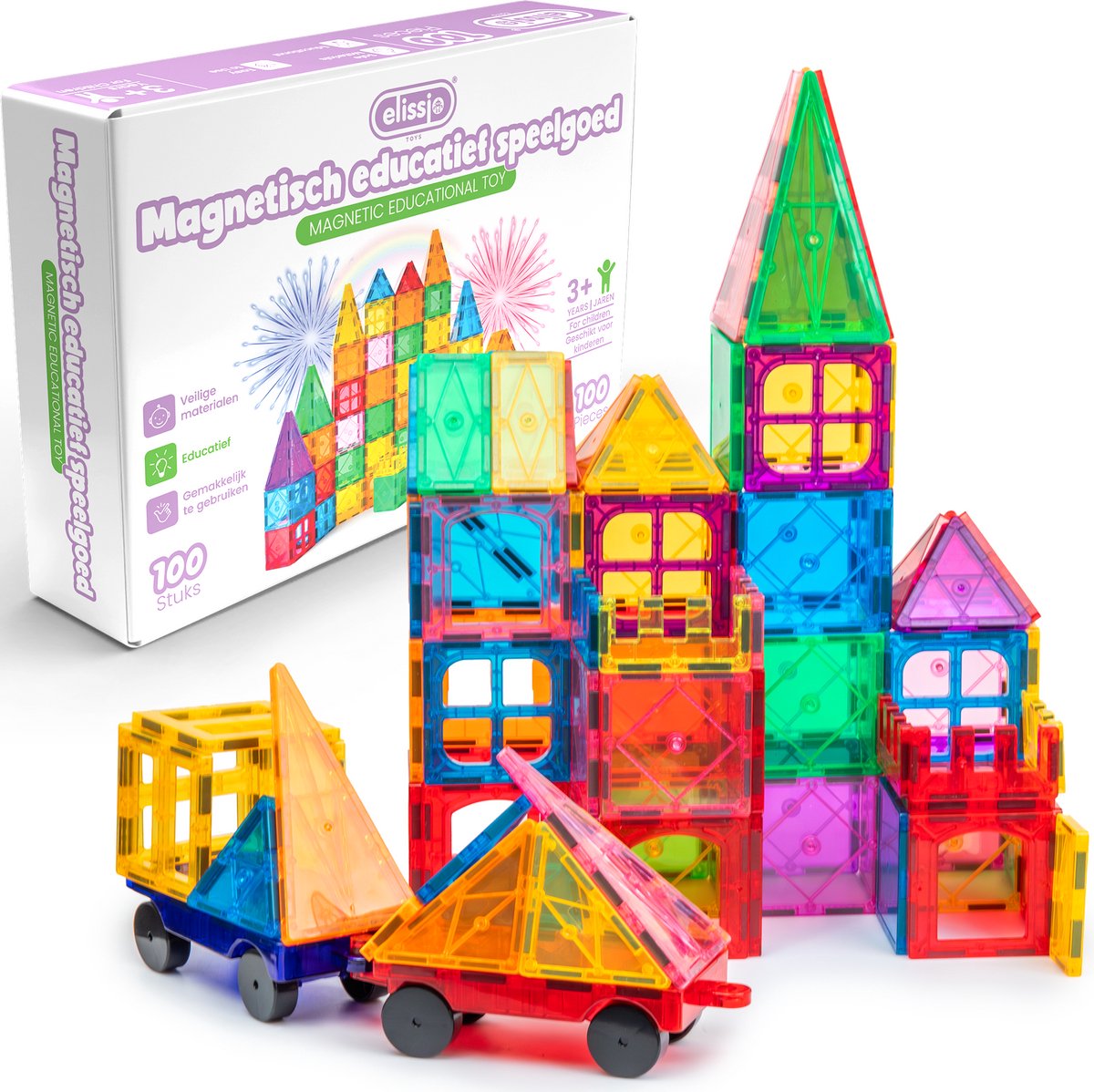 Elissio® Magnetische Tegels – 100 Stuks – Magnetisch Speelgoed – Montessori & STEM Bouwstenen – Magnetic Tiles – Educatief Constructiespeelgoed voor Kinderen 3-12 Jaar
