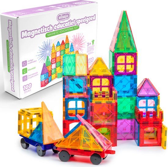 Elissio® Magnetische Tegels – 100 Stuks – Magnetisch Speelgoed – Montessori & STEM Bouwstenen – Magnetic Tiles – Educatief Constructiespeelgoed voor Kinderen 3-12 Jaar