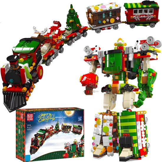 Kersttrein van blokjes die transformeert tot robot, met doos en losse onderdelen.