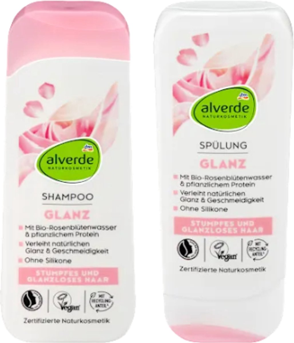 Alverde Naturkosmetik Combiverpakking - Shampoo & Conditioner Glans | 2x 200 ml - Bio-Rozenbloesem & Plantaardige Proteïne | Voor dof en glansloos haar - Siliconenvrij - Vegan Haarshampoo