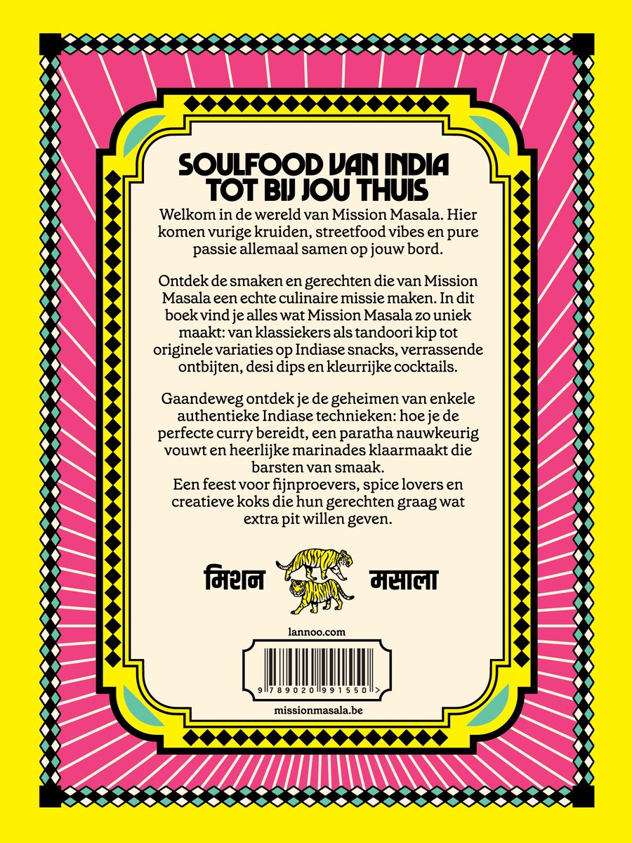 Gele poster met roze patroon. Tekst over Mission Masala met afbeelding van tijgers.