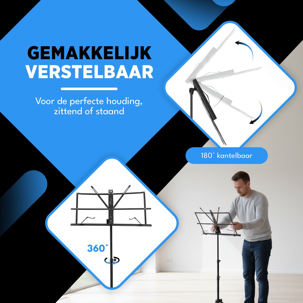 Finesse Muziekstandaard voor Bladmuziek - Opvouwbaar - met Draagtas - Lessenaar - voor Tablet -Zwart — afbeelding 6