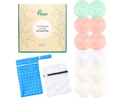 Flouer Antislip Wasbare Zoogcompressen - Extra Absorberend - Dag en Nacht - Inclusief Transporttasje en Waszakje - Borstcompressen Wasbaar - 12 Stuks