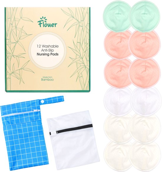 Product: Flouer Antislip Wasbare Zoogcompressen - Extra Absorberend - Dag en Nacht - Inclusief Transporttasje en Waszakje - Borstcompressen Wasbaar - 12 Stuks, van het merk Flouer