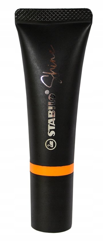 Zwarte STABILO Shine markeerstift met een oranje accentring en zilverkleurig logo.