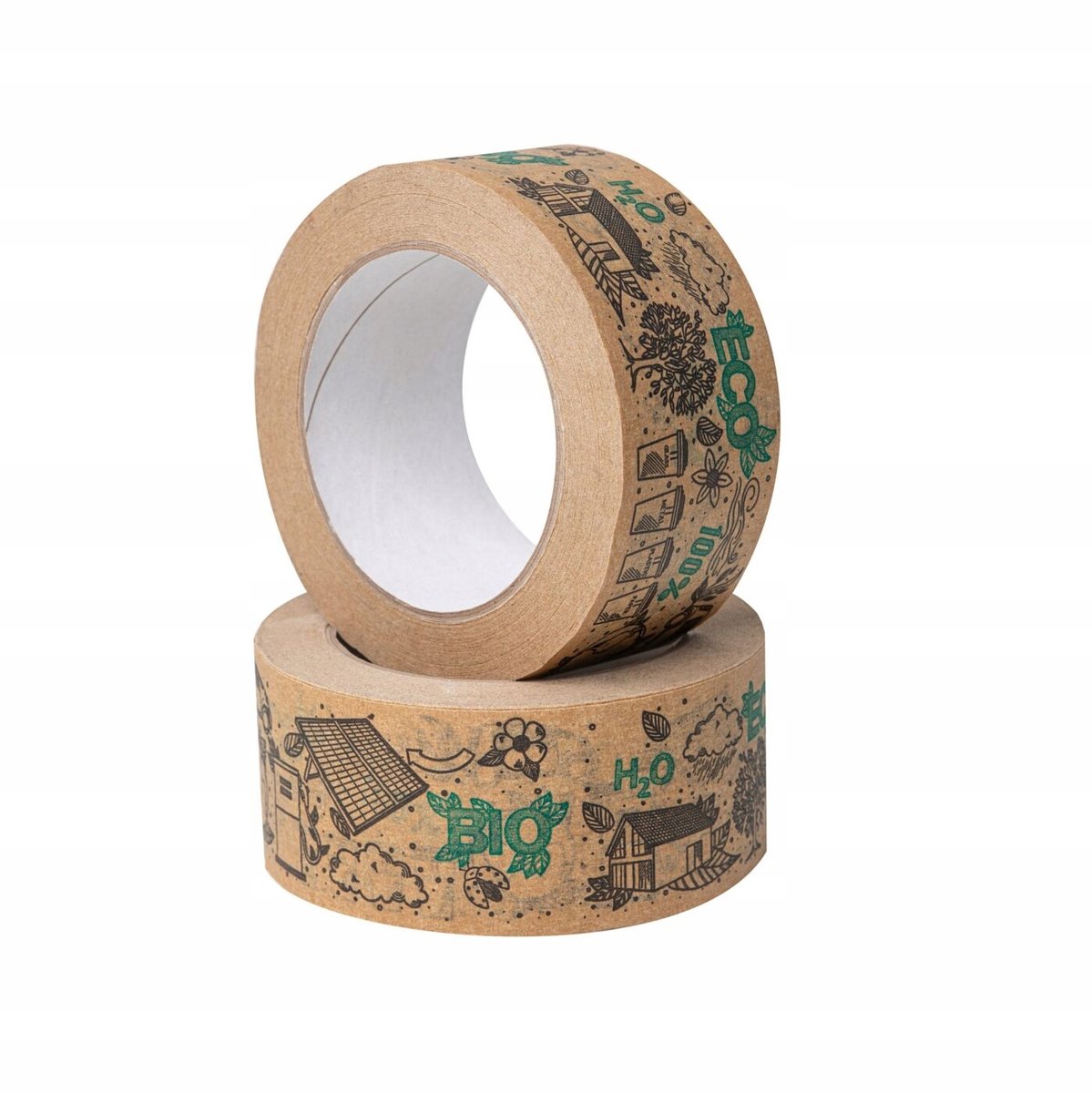 Ecologische papieren tape met bedrukking, 50mm x 50m, solvent lijm