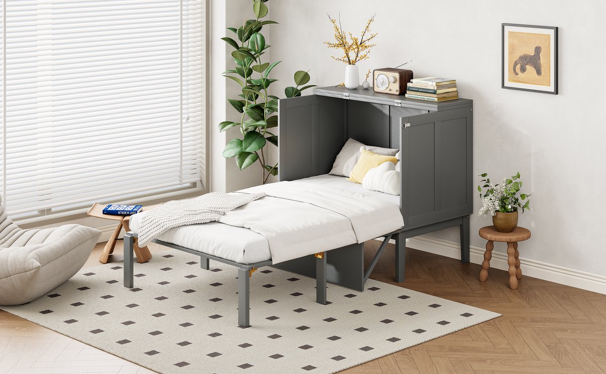 Wishdor - Verticaal Opklapbed 90x200 Cm - Met Lattenbodem - Wandbed - Ruimtebesparend - Hout - Grijs