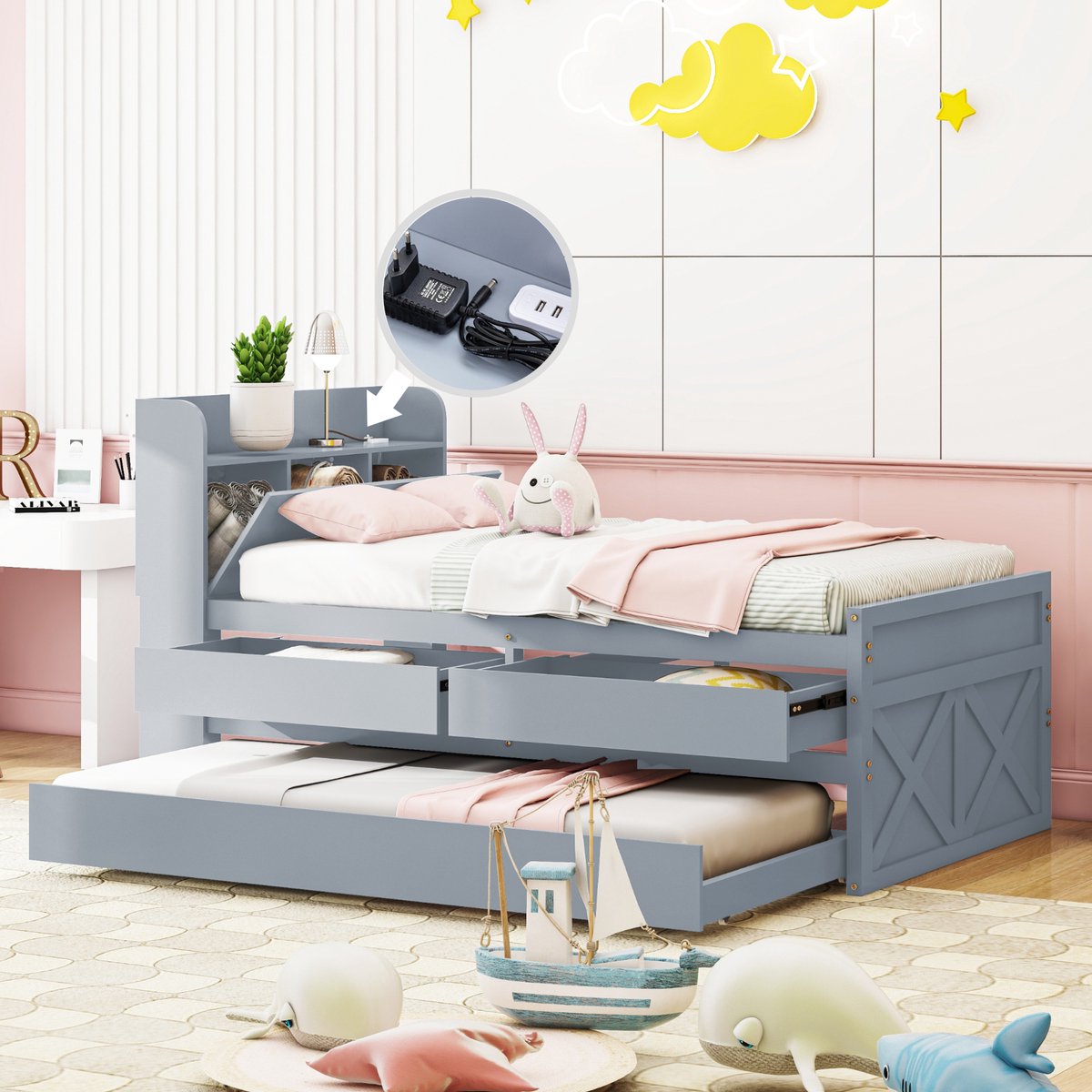 Wishdor Eenpersoonsbed 90x190 cm – Uitschuifbed & 2 lades – Nachtkastje met USB – Massief hout grijs