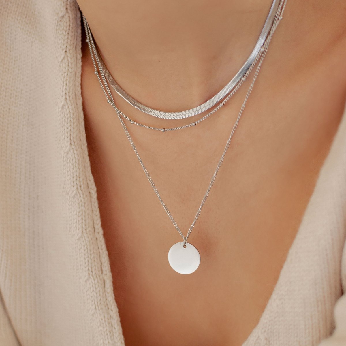 Hey Happiness Classy Lijn Layer Ketting Set Dames – Roestvrij Staal – Verstelbaar – Met Cirkel Hanger – Zilver