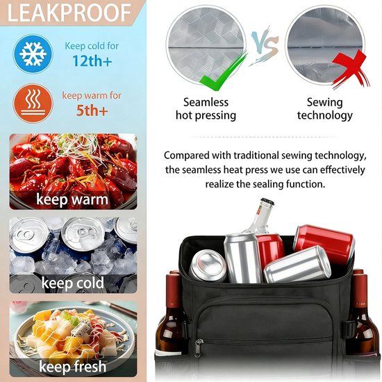 Koelrugzak 20 liter - Waterdichte geïsoleerde picknickrugzak - Met vershoudfunctie - Lichtgewicht design - Geschikt voor lunch en snacks - Ideaal voor camping BBQ wandelen en picknick - Ook voor werk of boodschappen - Zwart — afbeelding 3